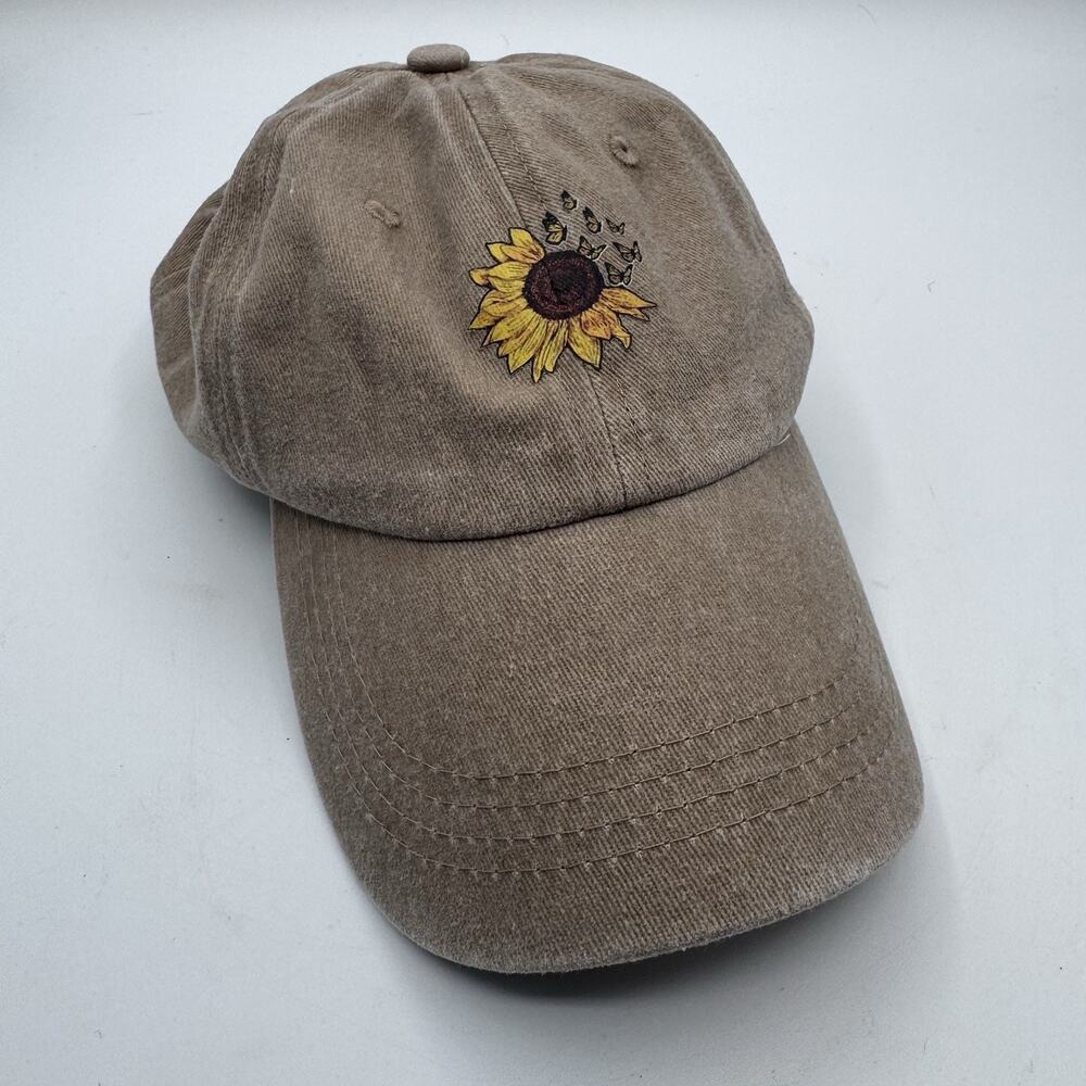 Sunflower Butterfly Embroidered Dad Hat Brown Washed Adjustable Baseball Cap